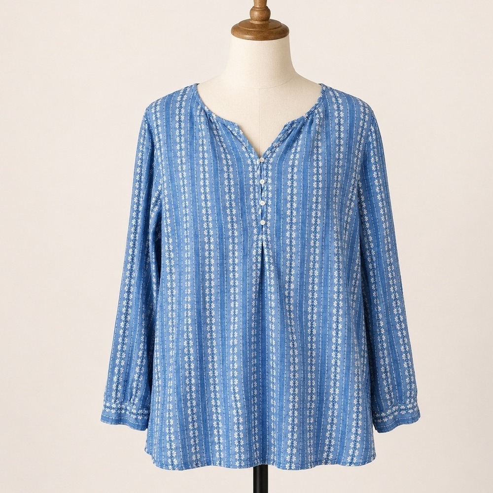 Talbots Embroidered Floral Henley Blouse Women's 2X Blue Cotton Long Sleeve